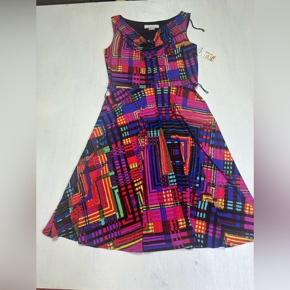 Kelly & Diane Size 10 Colorful Abstract Plaid Fit & Flare Cowl Dress - Picture 4 of 12